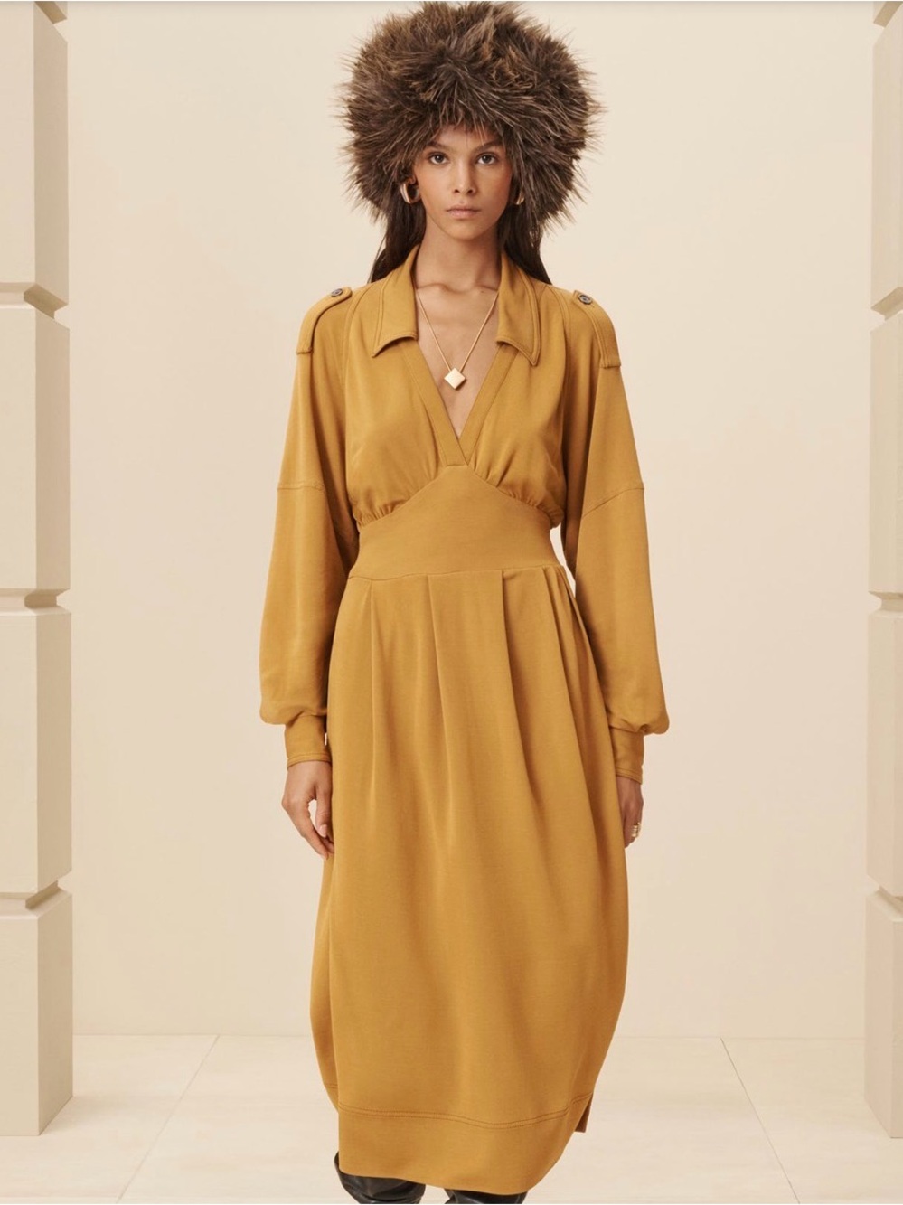 Zara SRPLS Mustard V-Neck Long Sleeve Midi Dress With Pocket Size Medium
